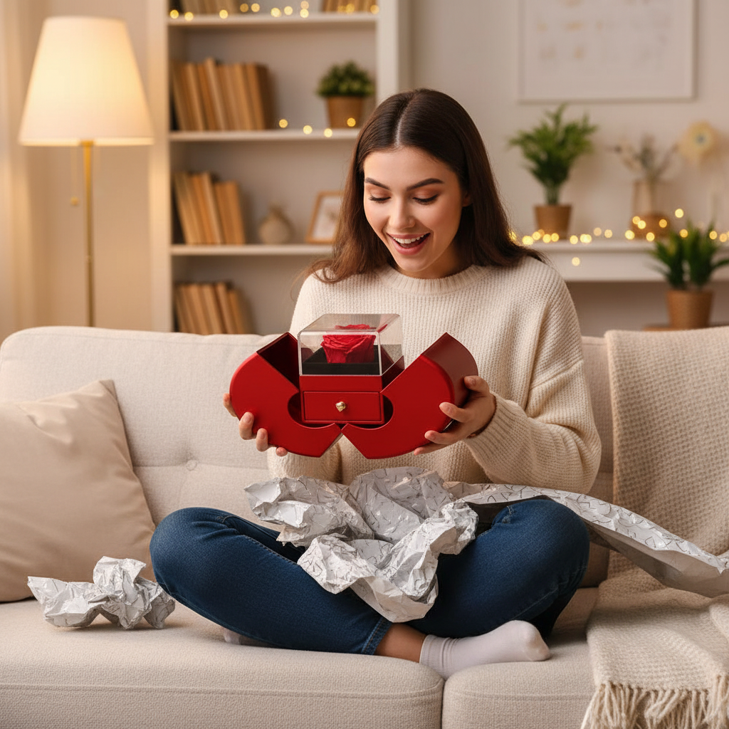Mujer recibiendo regalo en casa